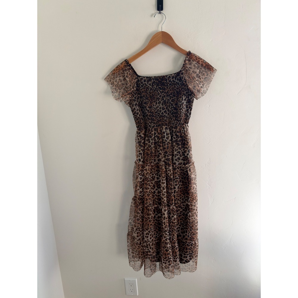 In Girl Kids Leopard Print Smocked Midi Dress Tiered Flutter Sleeve Size 10